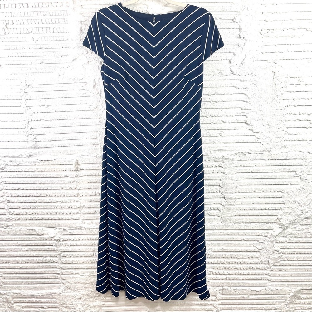Lauren Ralph Lauren Fit & Flare‎ Midi Dress Navy & White Stripe Cap Sleeves 2